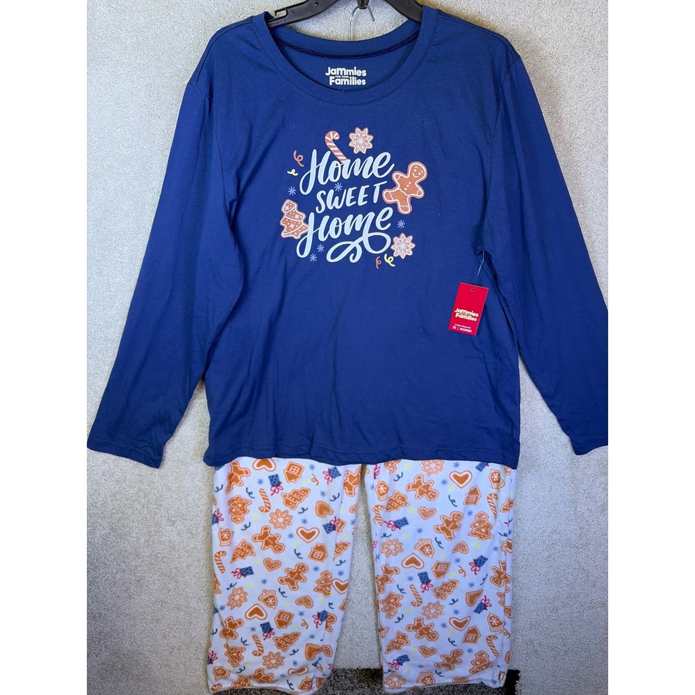 Jammies For Your Families Pajama Set Womens 1X Blue Gingerbread Home Sweet Home